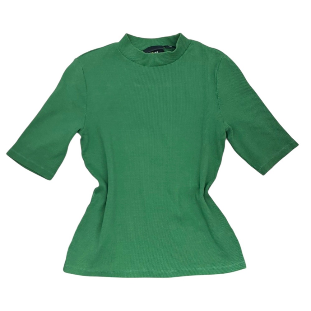 Maeve Anthropologie Green Ribbed Mock Neck Top Short Sleeve Fitted XS‎